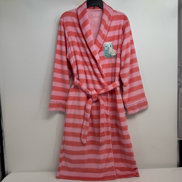 Nick and Nora Size XS/S Pink Coral Striped Soft Fuzzy Belted Robe OWL Embroidery